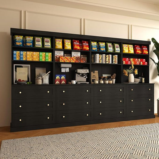 Vyre 71" Farmhouse Kitchen Pantry Cabinet Set of 4, Black Freestanding Coffee Bar Hutch with Drawers & Adjustable Shelves, Large Storage Cabinet with Microwave Stand for Living Room & Kitchen