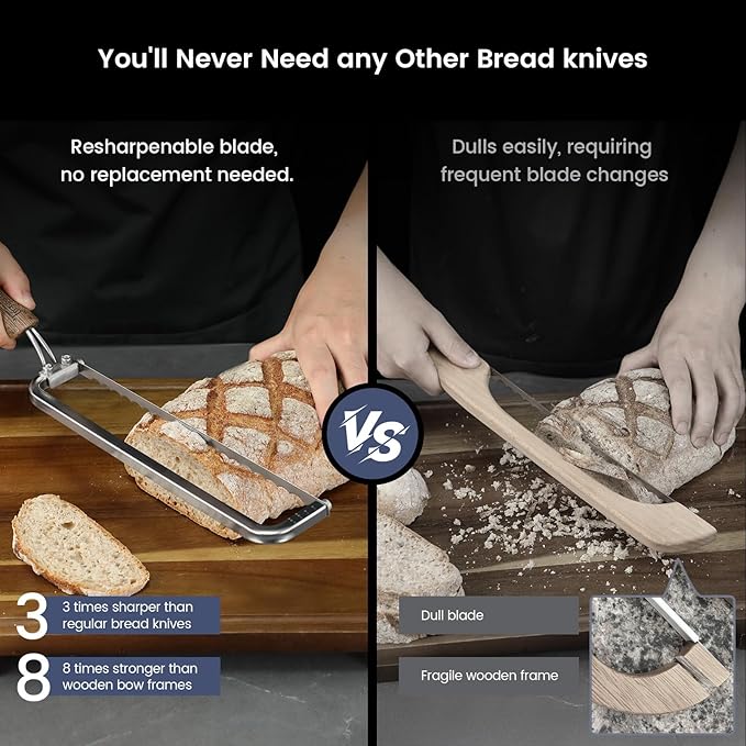 2025 Upgrade Bread Knife for Homemade Bread, World's 1st Real Bow-Design Sourdough Bread Slicer, Razor-Sharp Cutter for Crusty Sourdough & Baguette, 4 Thickness Scale Marks, Christmas gift
