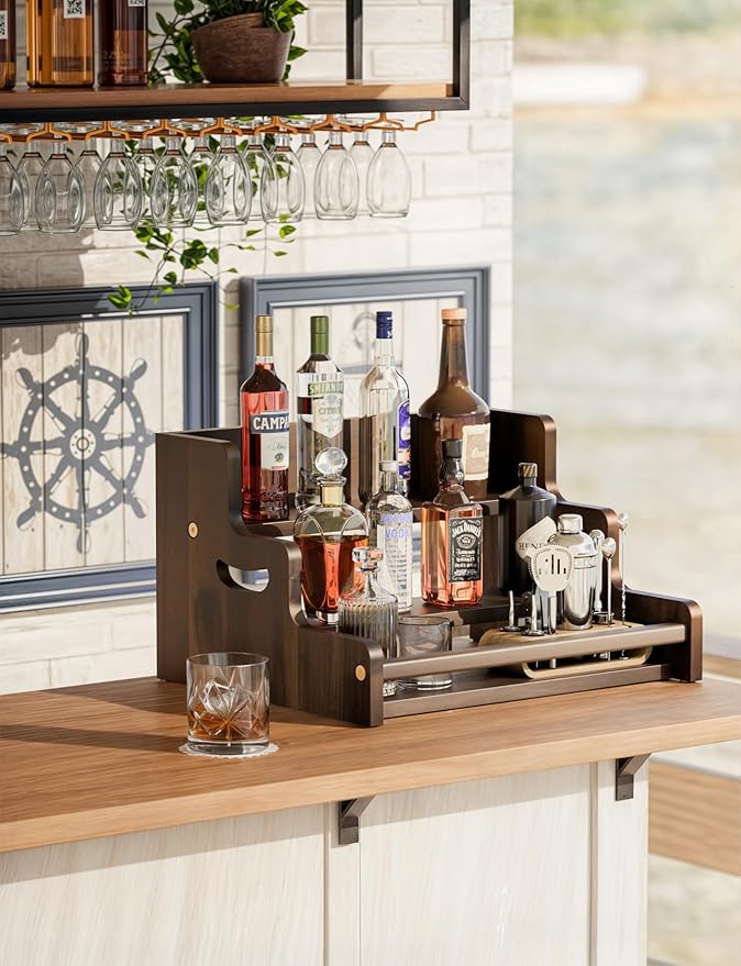 Tinamo Acacia Wood Liquor Bottle Display Shelf ??3-Tier Countertop Wine Rack, Bar Shelf ??Whiskey Bar Stand for Home, Bottle Organizer for Countertop ??Wine Holder with Handles (Walnut Color)