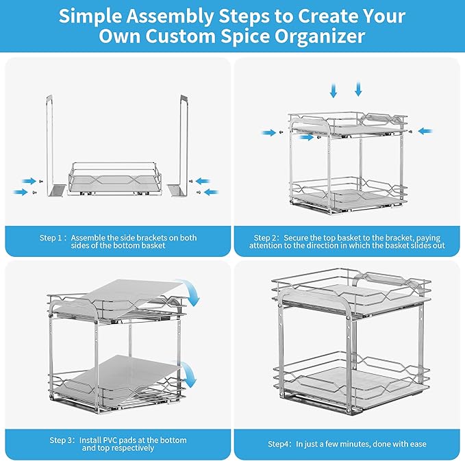Pull Out Spice Rack, 2 Tier Spice Organization for Cabinet, Heavy Duty Spice Rack, 9-1/4 inch Wide - Spice Racks for Inside Cabinets, Kitchen, Pantry - Chrome, 9.25?쓂 x 10.39?쒭 x 9.76?쒱