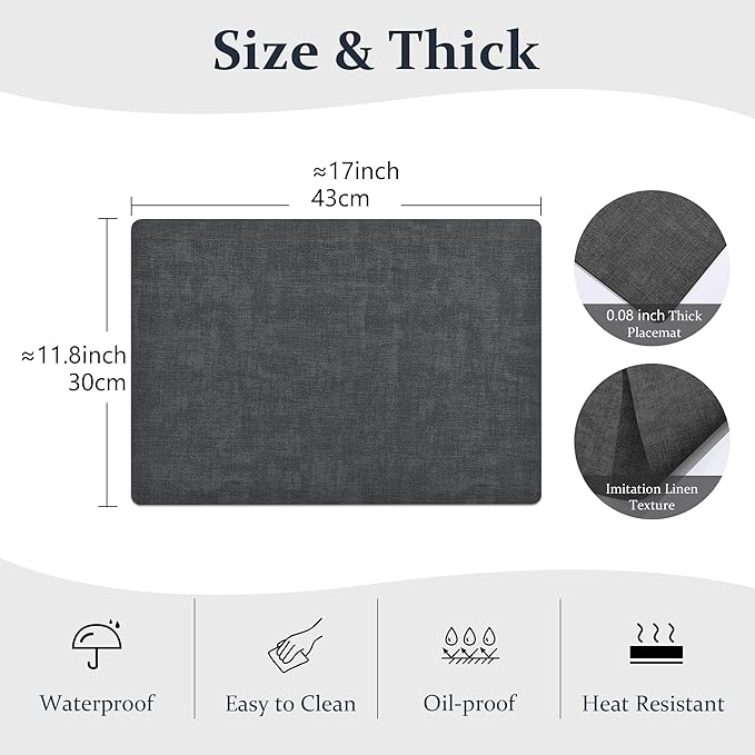 FROMHEART Faux Leather Placemats Set of 6?밯aterproof,Heat/Oil Stain-Resistant PU Table Mat?밨eversible,Non-Slip,Easy to Clean Place Mats for Kitchen,Dining,Indoor/Outdoor,(Dark Grey,11.8" x 17")