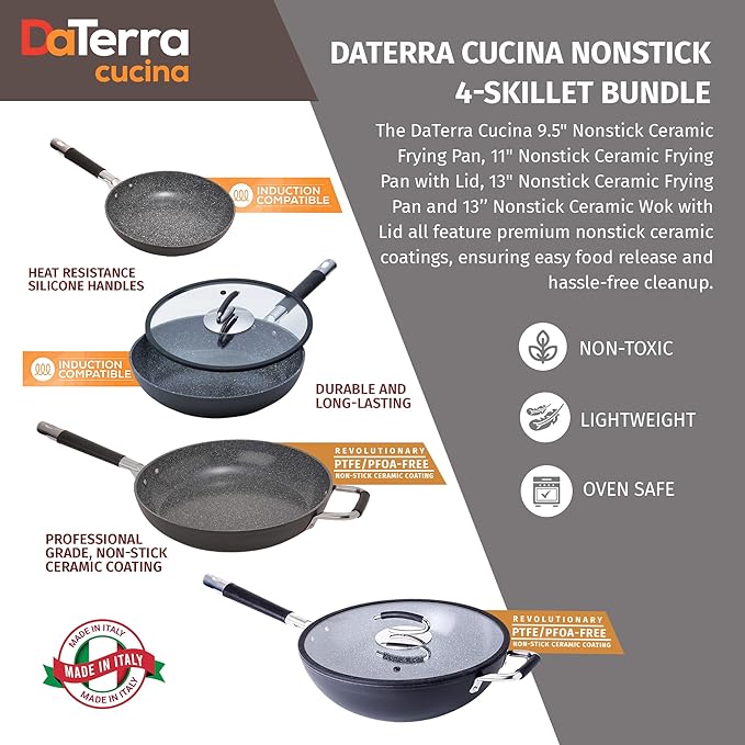DaTerra Cucina Nonstick 4-Skillet Bundle ??9.5" and 13" Fry Pans, 11" Fry Pan and 13" Wok with Lid, Oven Safe, Ceramic Nonstick Cookware, PTFE & PFOA Free, Made in Italy ??Volcanic Black Speckled