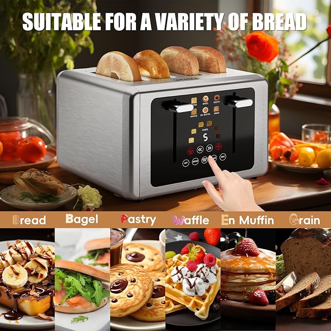 WHALL Touch Screen Toaster 4 Slice, Smart Digital Toaster with 1.5" Wide Slots, 6 Shade Settings & 6 Bread Types, Memory Function, Countdown Timer, Brushed Stainless,Ideal Kitchen Gift & Essential