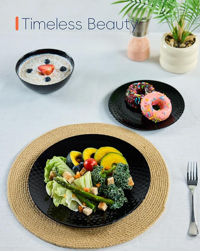 10.5 inch Dinner Plate Set of 6, Round Opal Glass Black Geometric Faceted Dinnerware Plates, Dishwasher and Microwave Safe