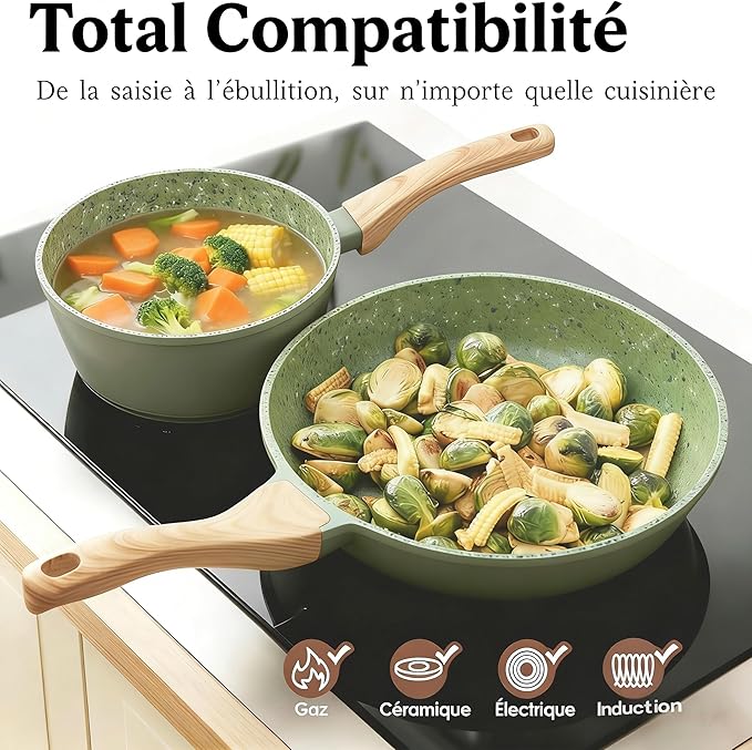 3-Piece Nonstick Cookware Set, 10.25 Inch Frying Pan & 2 Pots with Lids | PFAS & PFOA Free Non-Toxic Coating | Induction Compatible, Dishwasher Safe | Pots and Pans Set for Beginner Kitchen