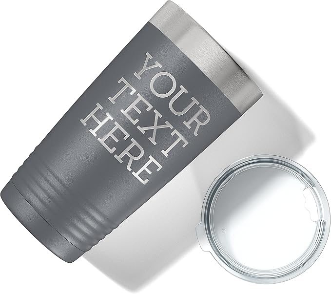 Personalized 20oz (17 Colors) Powder Coated Insulated Stainless Steel Tumbler with Lid, Custom Etched, Customized Text Message Name, Engraved Gift Idea Women Men Him Her, Your Text Here (Gray)