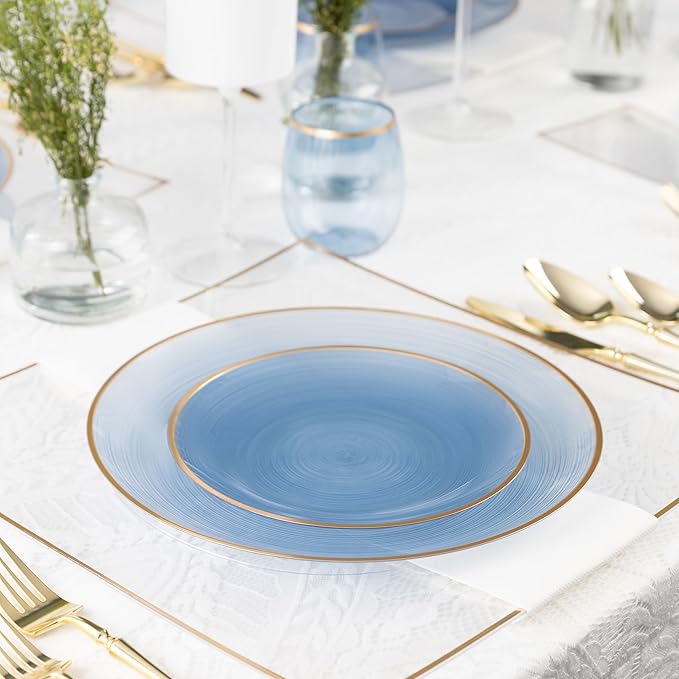 PLASTICPRO 32 Pieces Crystal Design Plastic Plates Combo Pack 7 inch and 10 inch Gold Rim Elegant Disposable Plates, Transparent Blue