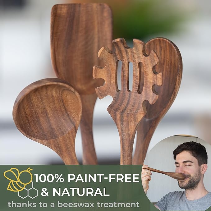 WALDWERK Wooden Spoons for Cooking ??4-Piece Kitchen Utensils Set with Teak Wood Spoons, Spatula, Pasta Server & Holder ??Wooden Utensil Set ??Cooking Utensils ??Utensil Sets - Non Toxic