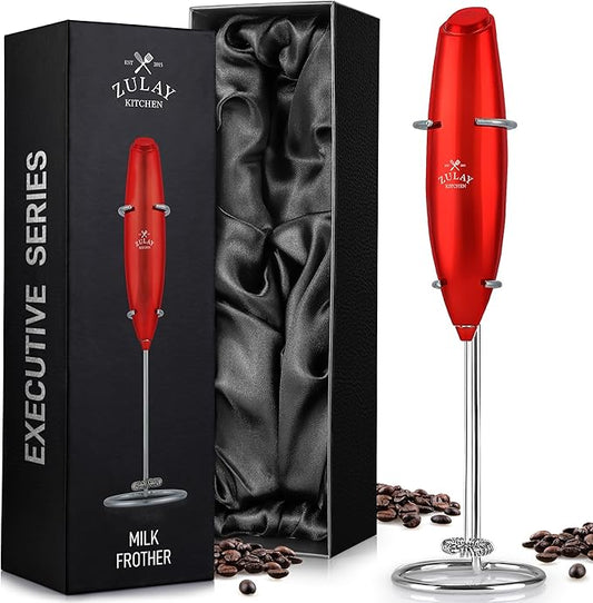 Zulay Kitchen Executive Series Luxury Gift Milk Frother ??Handheld Electric Foam Maker for Coffee, Lattes & Hot Chocolate ??Deluxe Finish, Great Fir for Coffee Lovers (Cardinal Red)