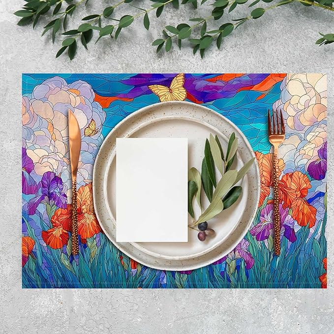 Jauageon Spring Iris Placemat Set of 4 Stained Glass Style Floral Placemats Flower Butterfly Table Mats for Indoor Outdoor Home Party Kitchen Dining Decor Farmhouse Burlap Table Mats 12x18 Inch