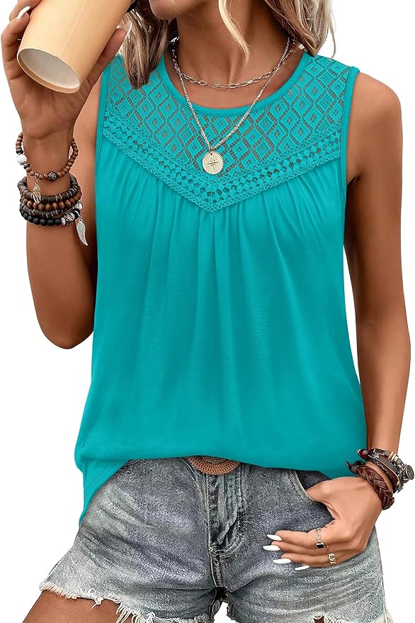 XIEERDUO Womens Tank Tops Sleeveless Lace Crochet Boho Tops Loose Fit Pleated Tunics Crewneck Summer Vacation Outfits Flowy