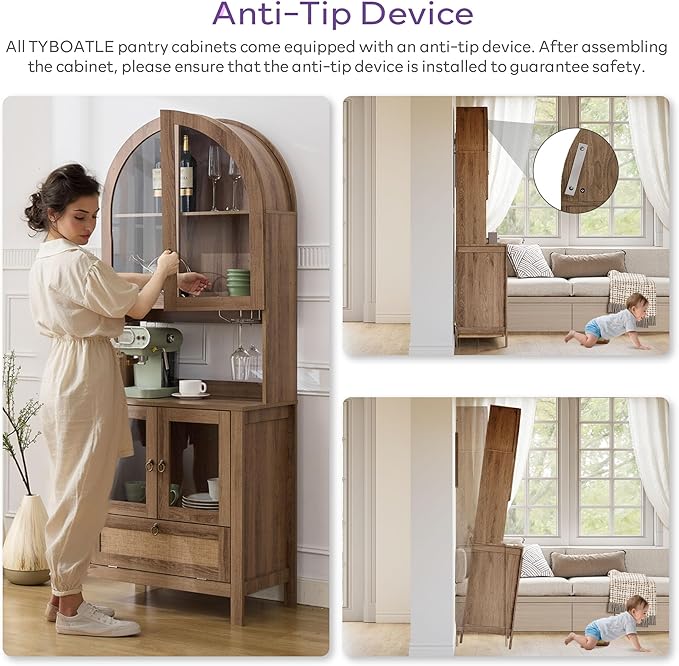 TYBOATLE 75'' Tall Arched Pantry Cabinet w/Accessible Storage Area, China Cabinet w/Anti-Tipping Device and Innovative Drawer, Versatile Cupboard for Kitchen, Dining (Natural)
