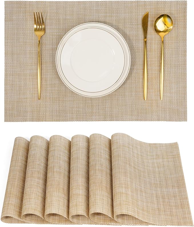 flohar Placemats Set of 6竊똍on-Slip PVC Weave Table Mats Easy to Clean竊똇eat Resistant Place Mats for Kitchen Dining Table Decoration Indoor Outdoor竊똁eige
