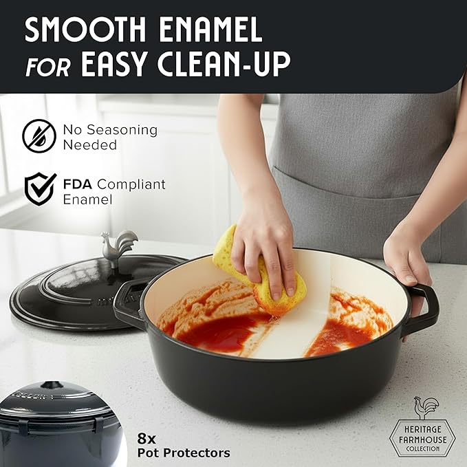 MUELLER HOME 5.5 Quart Enameled Cast Iron Oval Dutch Oven with Rooster Knob & Cotton Potholders, Heavy-Duty Cookware, Oven-Safe up to 500째 F & Across All Cooktops, Gifts for Grandma & Women, Black