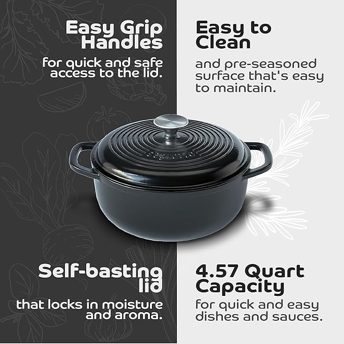 Segretto Cookware Enameled Cast Iron Dutch Oven with Handle, 4.57 Quarts, Nero (Black) 4.57 qt Oven Safe Dutch Oven Pot With Lid Ceramic Enamel Dutch Oven Cast Iron Pot Cookware for Bread Baking, Soup