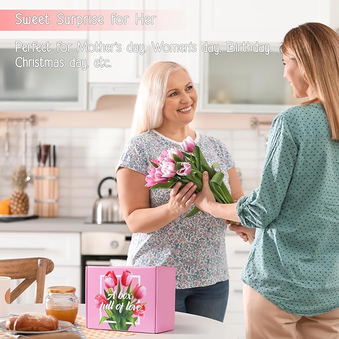 Christmas Gift baskets for Mom, Christmas Gift Sets for Mother from Daughter Son, Birthday, Thanksgiving Day, Care Package for Mother with Canvas Tote Bag Sock Tumbler Soap Flower Pink