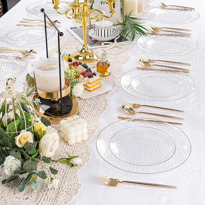 Rubtlamp 100Pcs Clear Gold Plastic Plates, Disposable Plates With Gold Rim, Heavy-duty Party Platos, Hammered Plastic Plates Include 50 Clear Dessert Plates, 50 Dinner Plates for Party