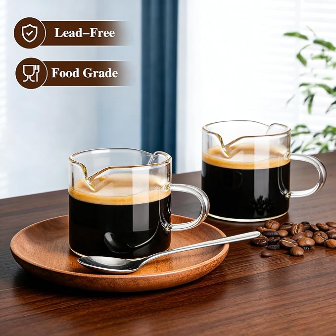 Espresso Cups Set of 2, 4 OZ Double Spouts Cups espresso measuring with handle Clear Glass Milk Coffee Accessories for Machine