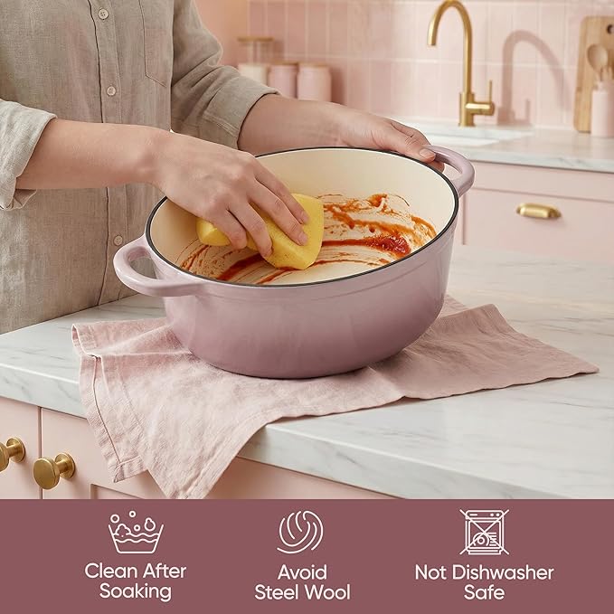 Vintage Style Oval Dutch Oven for Bread Baking, 4.5 Quart Non Stick Enameled Cast Iron Dutch Oven Pot with Lid, Oven Safe Oval Casserole with Lid up to 500째F for Baking, Braising, Stews, Roasting, Pink