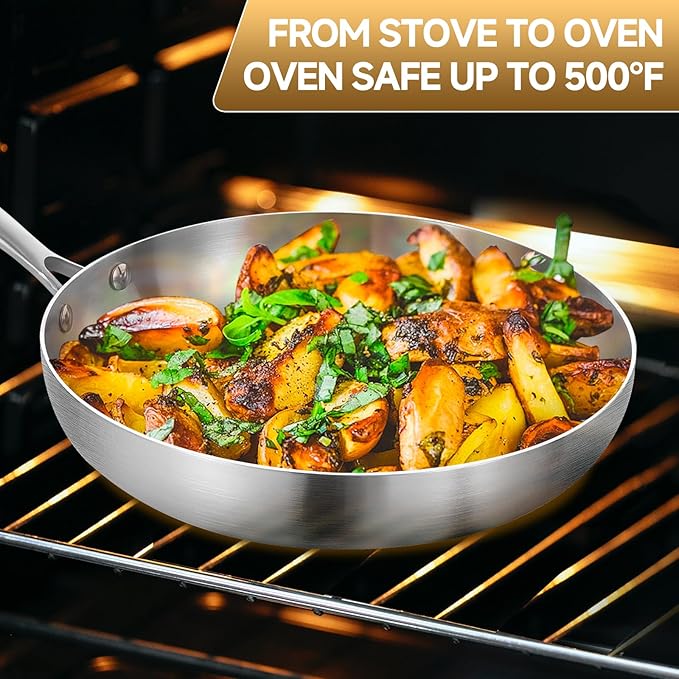 Inqibee 12 Inch Tri-Ply Stainless Steel Frying Pan with Lid and Helper Handle, Skillet, Induction Cooking Pan, Dishwasher and Oven Safe, Detachable Handle.