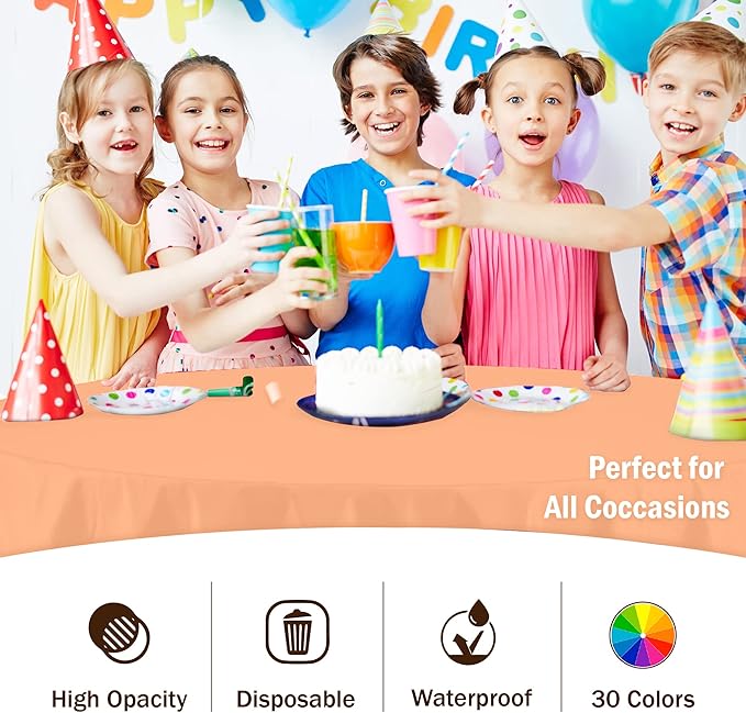 Party Solids Pack Of 6 Premium Plastic Tablecloth 84 Inch Round Plastic Table Cover - Peach