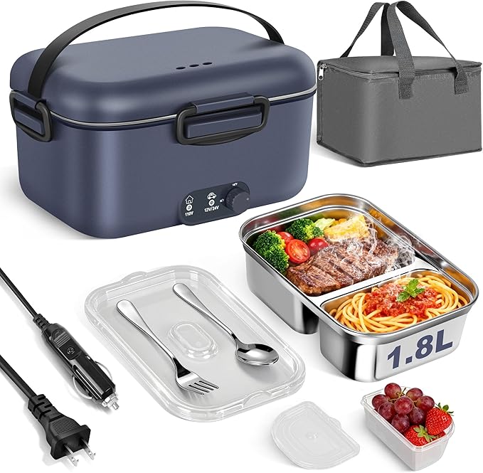 Electric Lunch Box Food Warmer 1.8L - 100W Mechanical Temperature Control Heated Lunch Box for Adults, 12V/24V/110V Fast Heating Lunchbox Food Heater for Work/Car/Truck, Fiambrera el챕ctrica port찼til