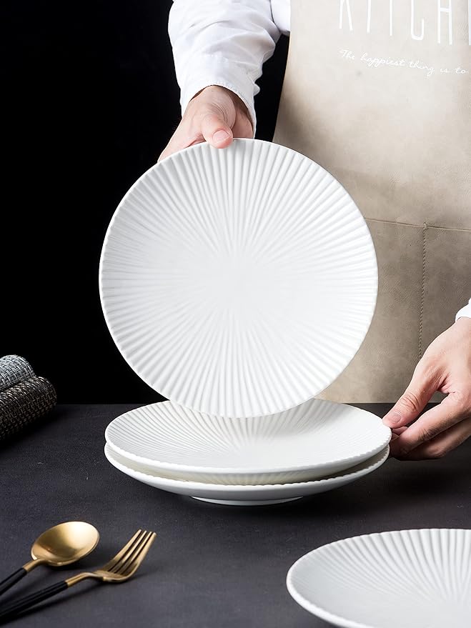 CLAY TONIC Set of 4-8.8 Inch Japanese Style Porcelain Round Dinner Plates, Versatile Circular Serving Plates for Pasta, Salad, Steak Dinner (White, 8.8 Inches)