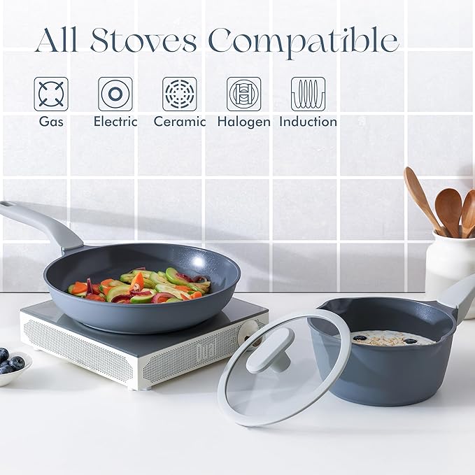 PRICUSIS Ceramic Nonstick Pots and Pans Set, 9 Pieces Non Toxic Induction Cookware Set, PTFE PFOA & PFAS Free, Dishwasher Safe, Stay Cool Handle, Gray