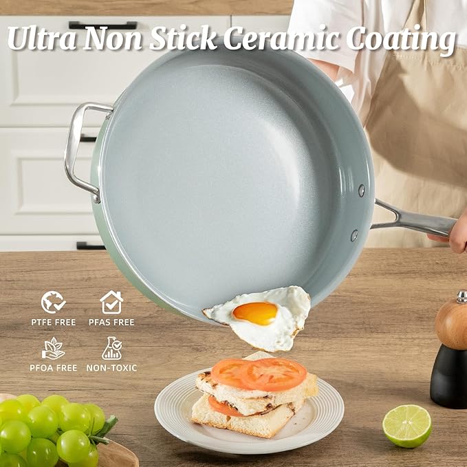 Nonstick Saut챕 Pan with Lid 5 QT Deep Frying Pan with Stainless Steel Helper Handle 12 inch Large Skillet Ceramic Jumbo Cooker for Healthy Cooking, Induction Compatible Cookware, PFOA Free