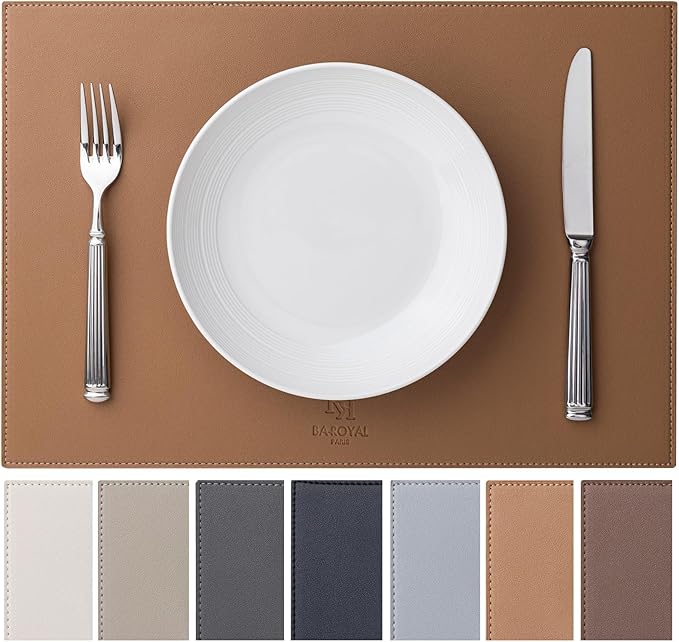 Baroyal Faux Leather Placemats Set of 8 Vinyl Washable Wipeable Table Mats for Kitchen Dining Table Heat Resistant Waterproof Indoor/Outdoor Placemats Non-Slip Easy Clean Place Mats (British Khaki)