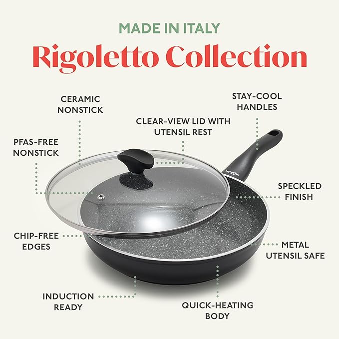 Rigoletto 3.1QT Nonstick Saut챕 Pan & Lid, Made in Italy, Layered Ceramic PFAS-Free Surface, Induction Ready, Dishwasher & Metal Utensil Safe, Granite Finish, Stay-Cool Handle, Black