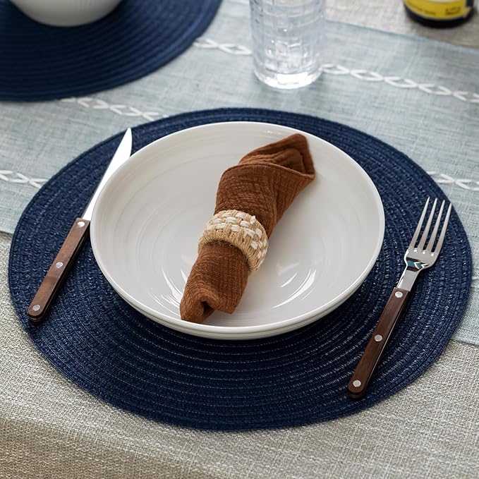 Round Placemats Set of 4 Woven Placemats Washable Braided Table Mats for Dining Table Heat Resistant Non-Slip Circle Place Mats(Navy Blue)