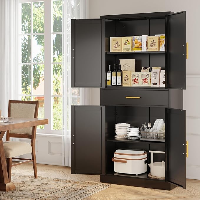 CJF 71" H Metal Kitchen Pantry Storage Cabinet, Freestanding Cupboard with Adjustable Shelves and 1 Drawer, Standing Storage for Kitchen, Bathroom, Garage, Dinning Room or Utility Room（Black）