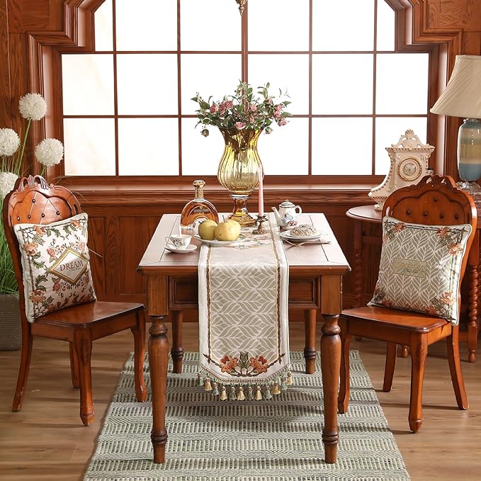 patdrea Designer French Floral Extra Long Velvet Table Runner 118 Inch Long,Green Orange Blossoms Pattern Table Mat, Decor for Kitchen Dining Coffee Table Cabinet Banquet Thanksgiving,12"*118"