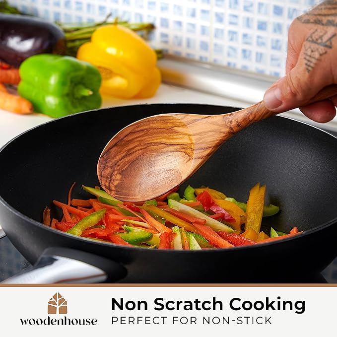 Salad Tongs for Serving, Spoon Salad Utensils Set from Olive Wood, 12 inches Wooden Fork and Spoon for Mixing, Tossing & Cooking