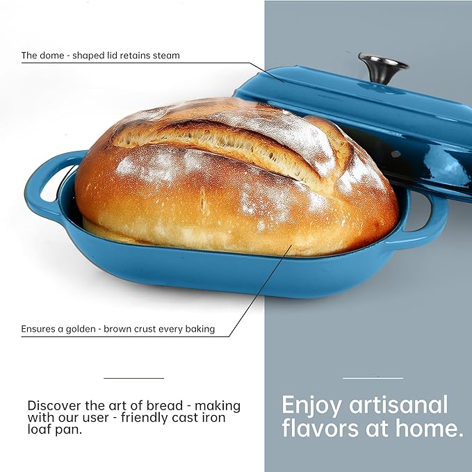 Premium Enameled Cast Iron Dutch Oven for Bread Baking | Non-Stick 5QT Oval Bread Oven with Lid | Perfect for Sourdough, Loaf, and Artisan Baking (Oval Blue, 5 QT)