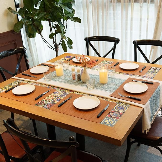 PROMATTOO Faux Leather Placemats Set of 4 – 17x12 Inch Vinyl Table Mats, Heat Resistant, Non Slip, Wipeable & Washable, Easy to Clean Dining Table Decor for Kitchen & Dining Room（Cinnamon Brown）