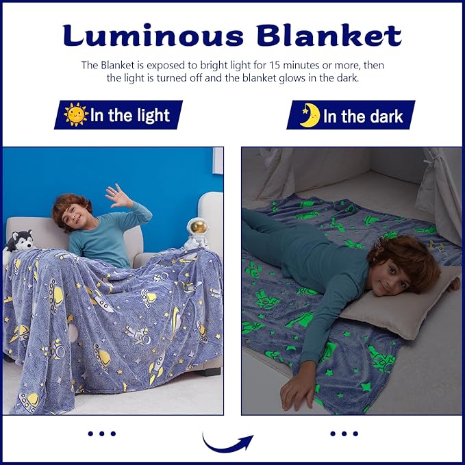QSTEHEML Space Glow in The Dark Blanket,Galaxy Gifts Toys for Kids Boys Age 3-12 Years Old,Birthday, Decor for Child, Toddler, Teen and Grandkids Soft Throw 50"횞60"