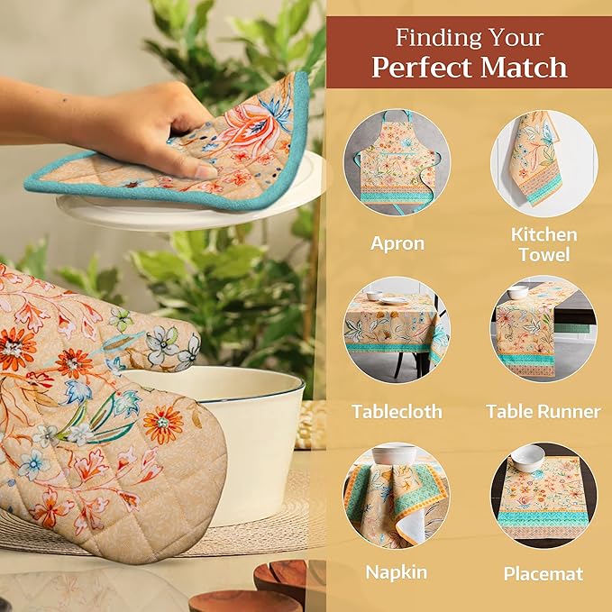 Maison d' Hermine Pot Holders Set 100% Cotton Heat Resistant Potholders 8" x 8" Hot Pads with Loop BBQ, Cooking, Grilling, Kitchen, Handling Hot Pans Spring/Summer (Pack of 2, Luxury Loft ??Peach)