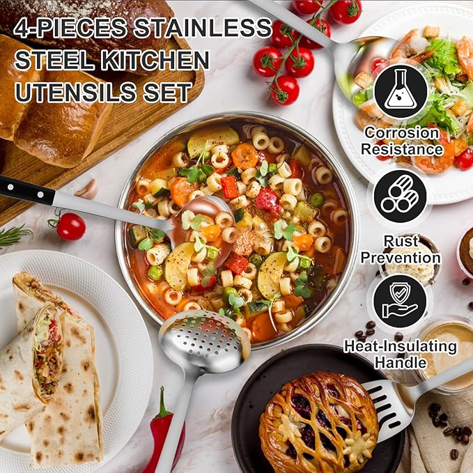 Pleafind 4-Pcs Cooking Utensils Set, Stainless Steel Kitchen Utensils, Mirror Polished Kitchen Essentials Set Include Wok Ladle, Slotted Spoon, Wok Spatula 竊냆lotted Spatula, Dishwasher Safe
