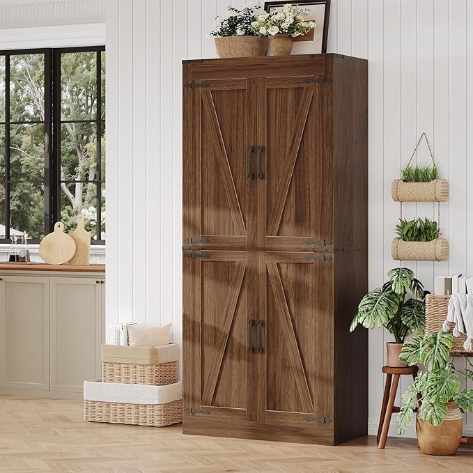 IDEALHOUSE 71" Tall Pantry Cabinet, Farmhouse Kitchen Pantry Storage Cabinets with 4 Doors and 5 Shelve, Large Narrow Food Storage Cabinet Cupboard for Dining Room Living Room