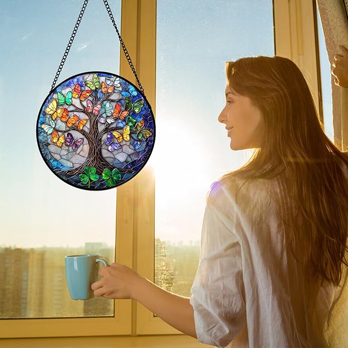 Stained Glass Window Hanging, Butterfly Tree Clover Sun Catchers Glass Panel Blue Suncatcher Decor for Birthday for Women, Men, Wife, Aunt, and Mom 7.8 in