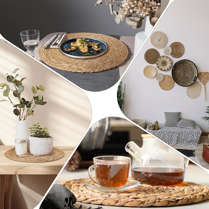 Hardcometrue Woven Placemats Set of 4, 13.8" Natural Water Hyacinth Round Rattan Placemats with Wooden Beads Napkin Rings for Kitchen Dining Table Decor