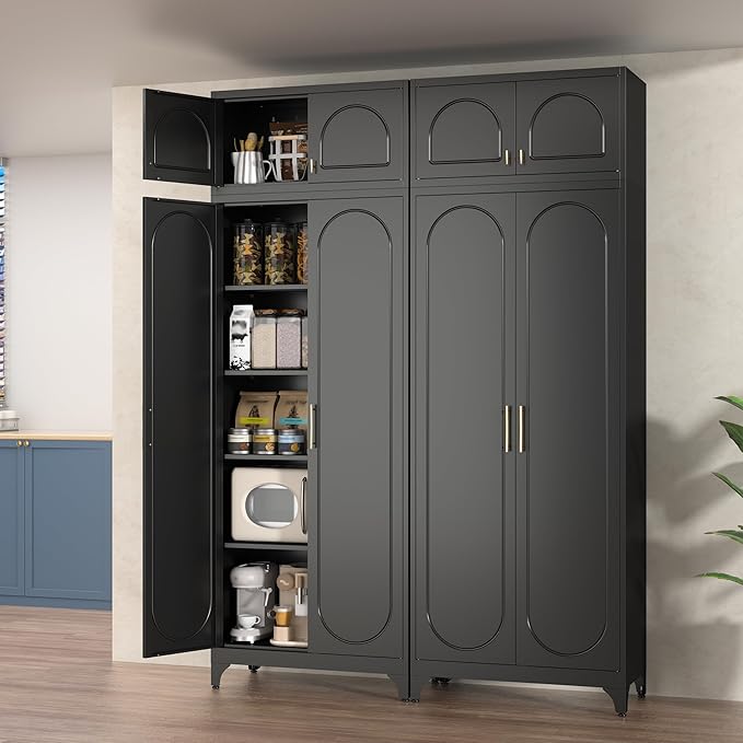 Kitchen Pantry Cabinet, 90" Tall Metal Pantry Cabinet, Food Cupboards with Doors and Shelves, Freestanding Storage Cabinets for Dining, Living Room, Black,16"D x 32"W x 90"H, Assembly Required