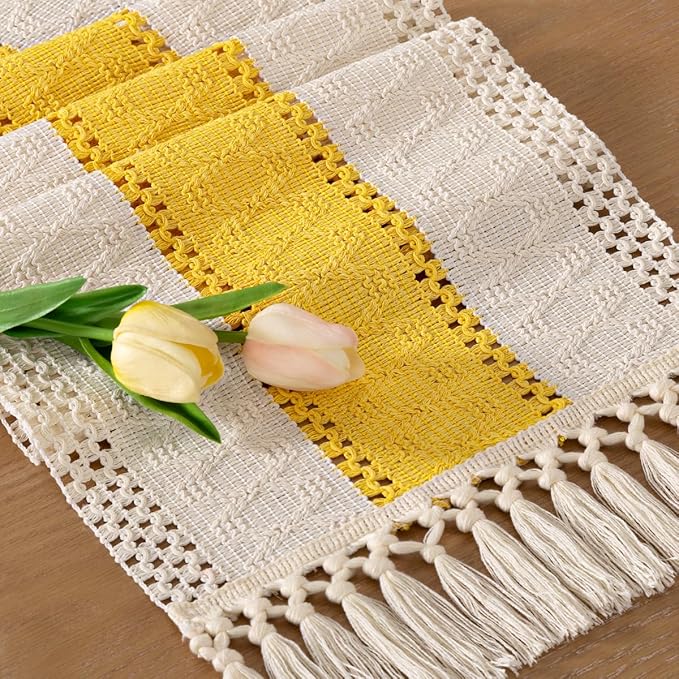 Socomi Boho Table Runner Macrame Valentine's Day Farmhouse Woven Cotton Linen Rustic Coffee Table Runner with Tassels for Dresser Scarf Home Decor Dining Room 12x90 inYellow Gold Ivory