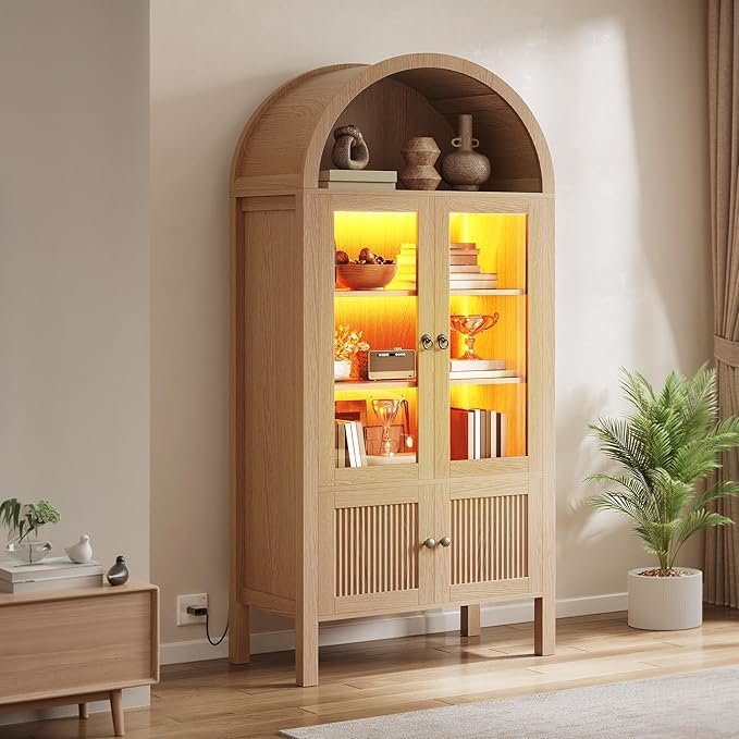 DWVO 71" Tall Arched Kitchen Pantry/Wood Kitchen Storage with Tempered Glass Doors and Adjustable Shelves/Bookcase Cabinet with Storage for Dining Room-Natrual