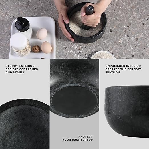 Koville Granite Mortar and Pestle Set, 7"-4 Cups Polished Stone Grinder Bowl for Guacamole, Salsa, Pill Crusher, Spice, Herb, Garlic, Nut, Heavy Duty Grinder for Kitchen