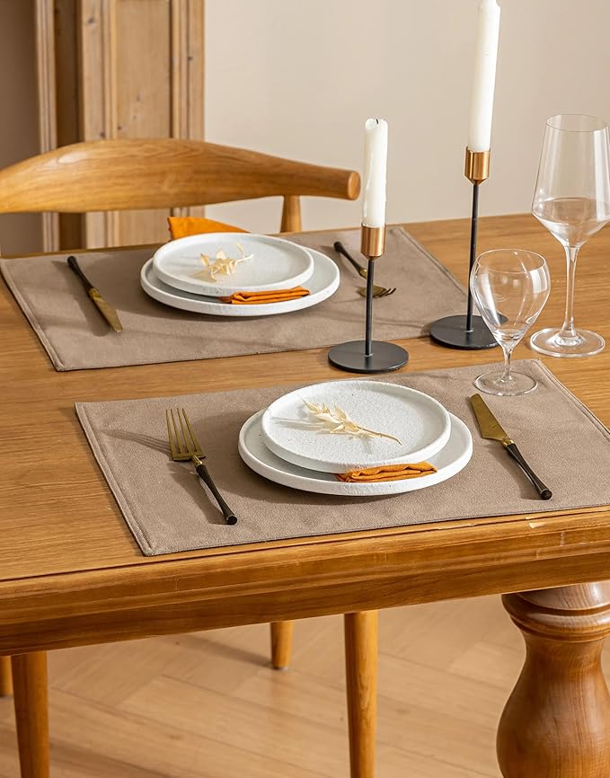 Placidy Linen Dining Table Placemats Set of 6 Indoor Brown Plate Placement Mats Farmhouse Cloth Place Mats Water Repellent Heat Resistant 12x18 Inch