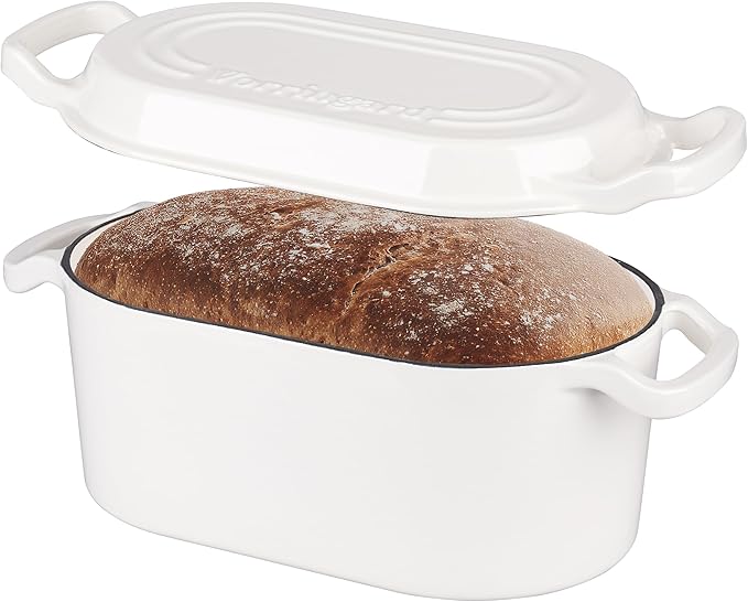 Oval Dutch Oven Pot with Lid, Enamel Coating Cast Iron Bread Pans for Homemade Sourdough Bread Baking, Cooking, 4 Quart, White