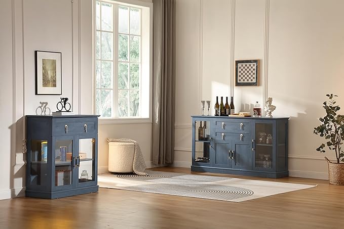 58.2'' Modern Sideboard Buffet Cabinet with Storage, Accent Coffee Bar Cabinet with 2 Glass Doors,Sideboard Credenza with Two Drawers and Adjustable Shelves,Blue
